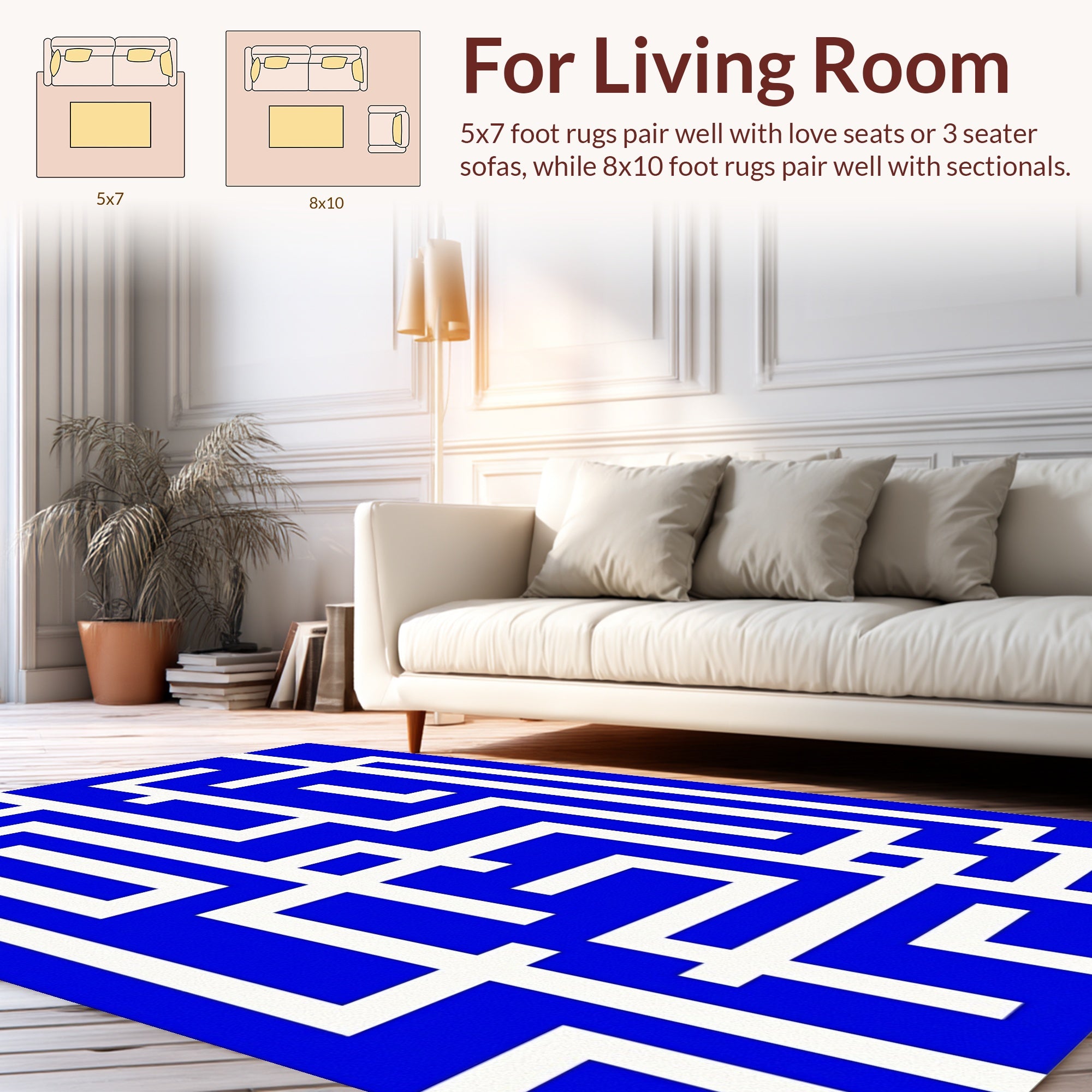 Bold Blue White Maze Pattern Rug