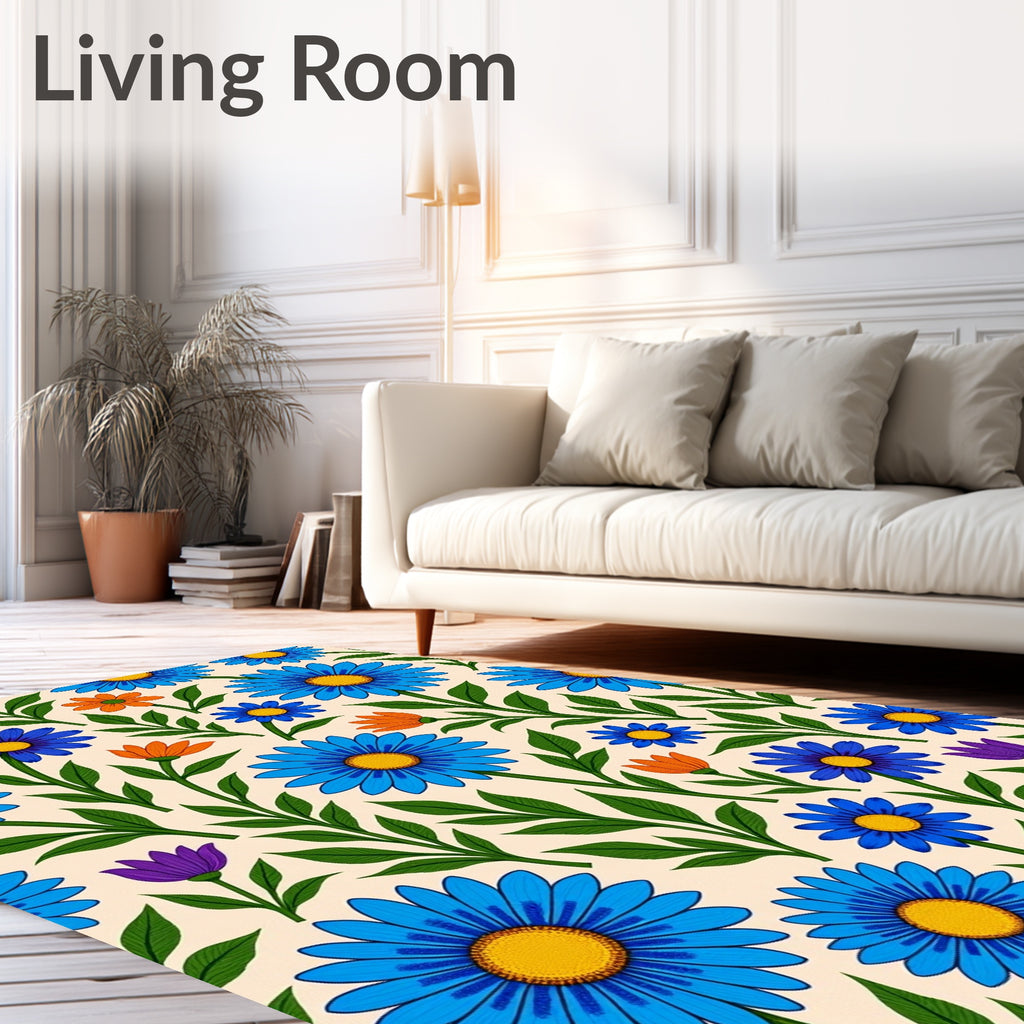 Vivid Blue Orange Floral Pattern Rug