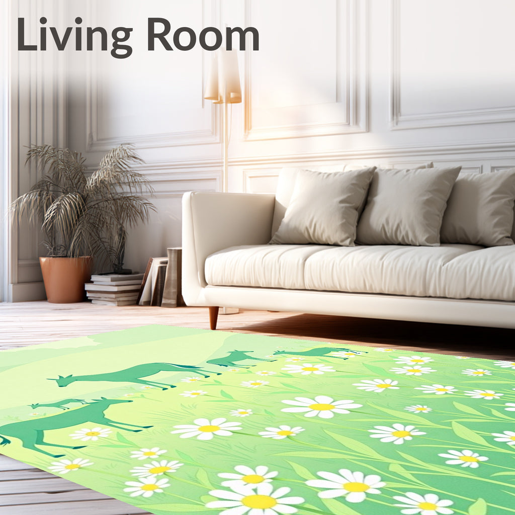 Meadow With Green Deer Daisy Pattern Rug