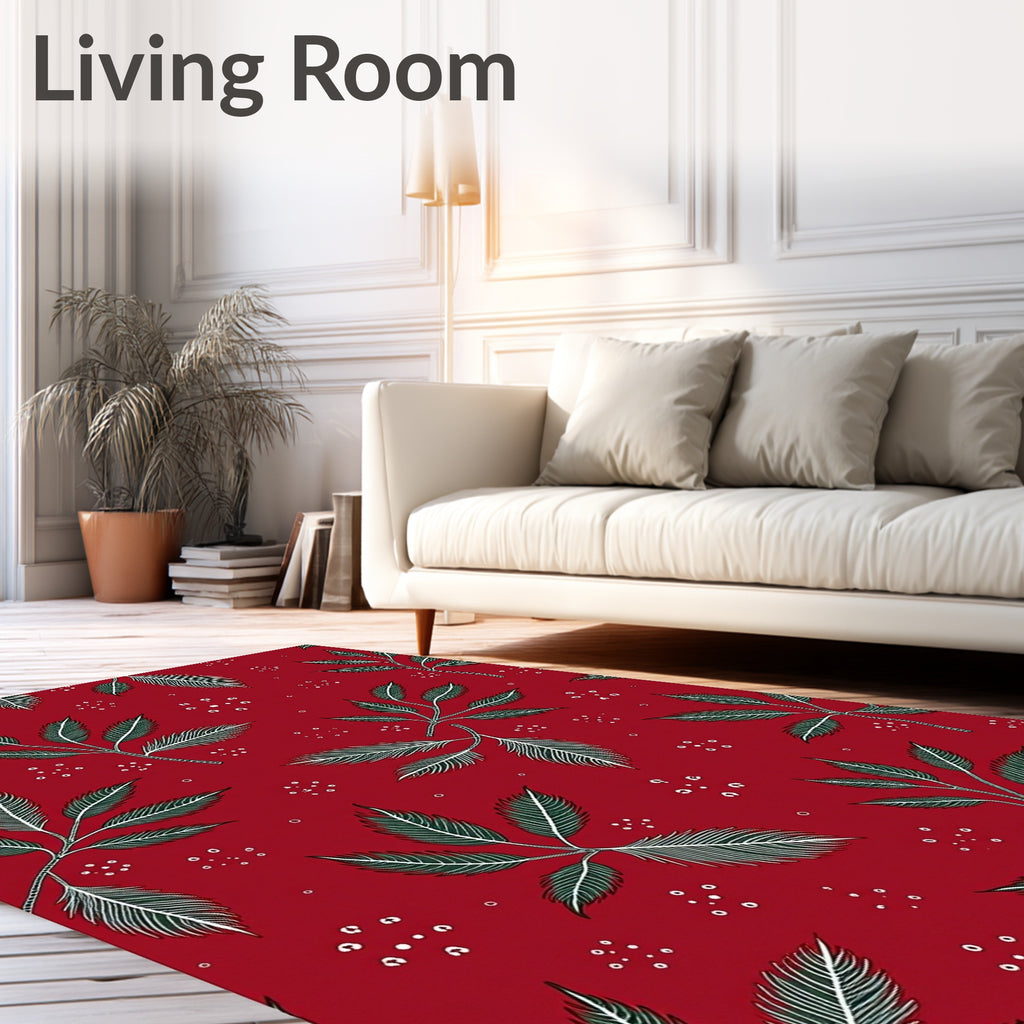 Red Leafy Branch Botanical Pattern Rug