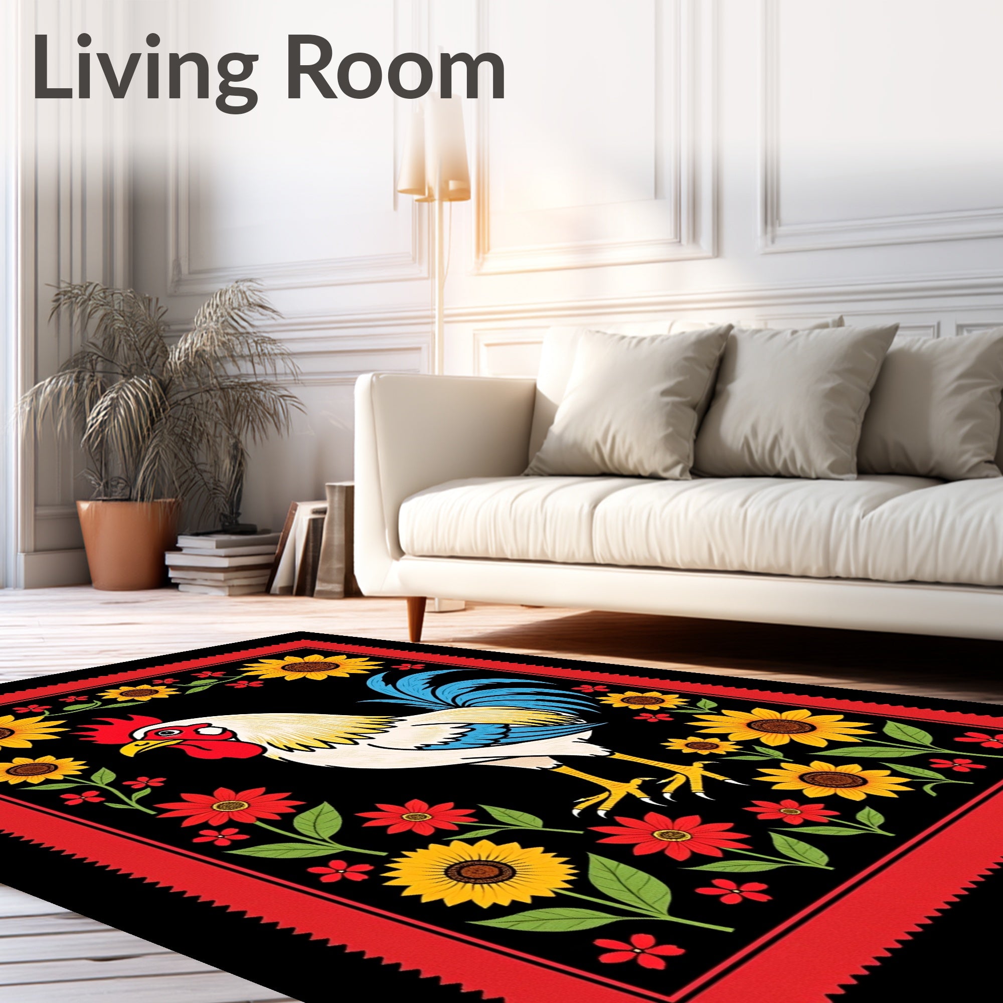 Bold Rooster Floral Border Design Rug