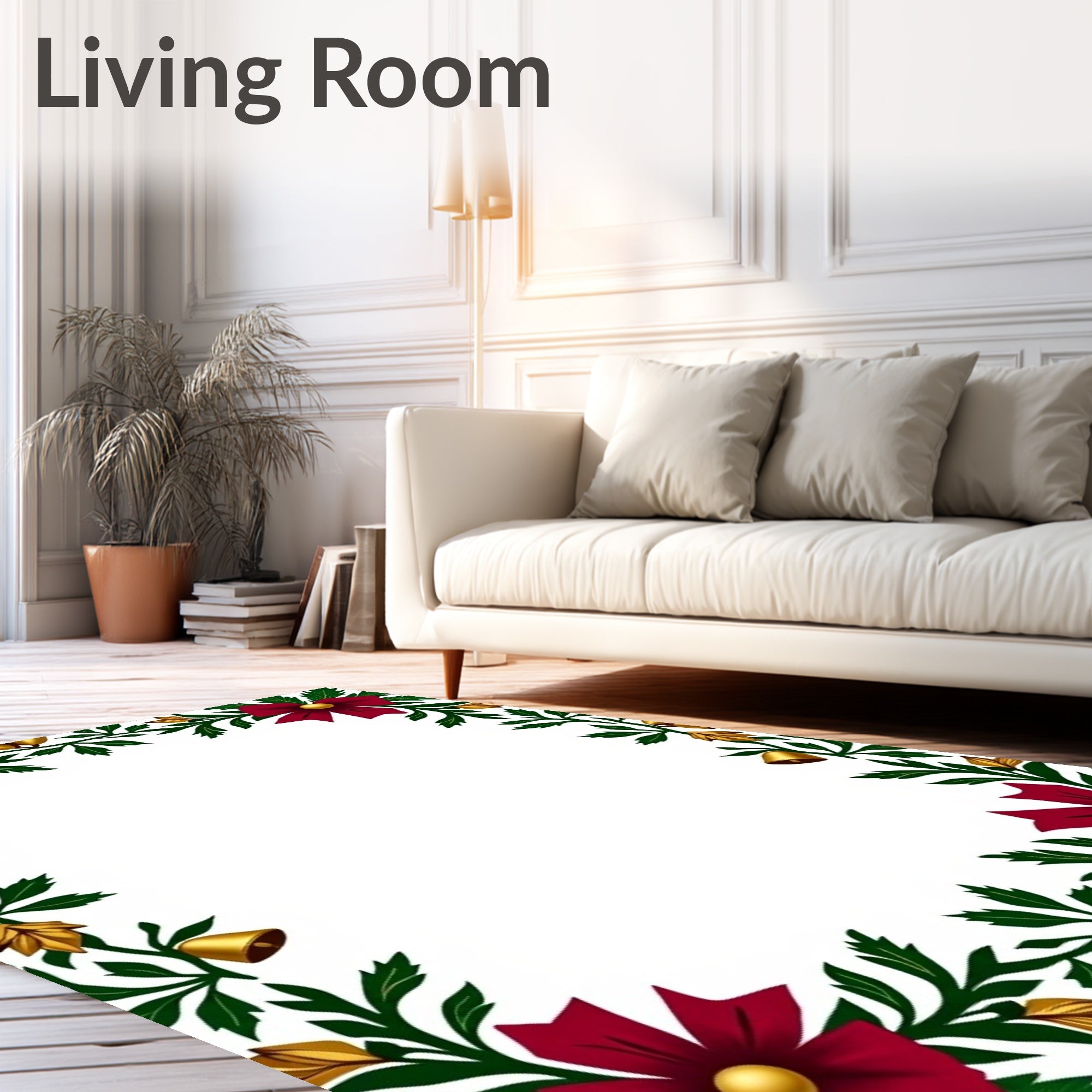 Festive Burgundy Bow Green Leaf Bells Rug