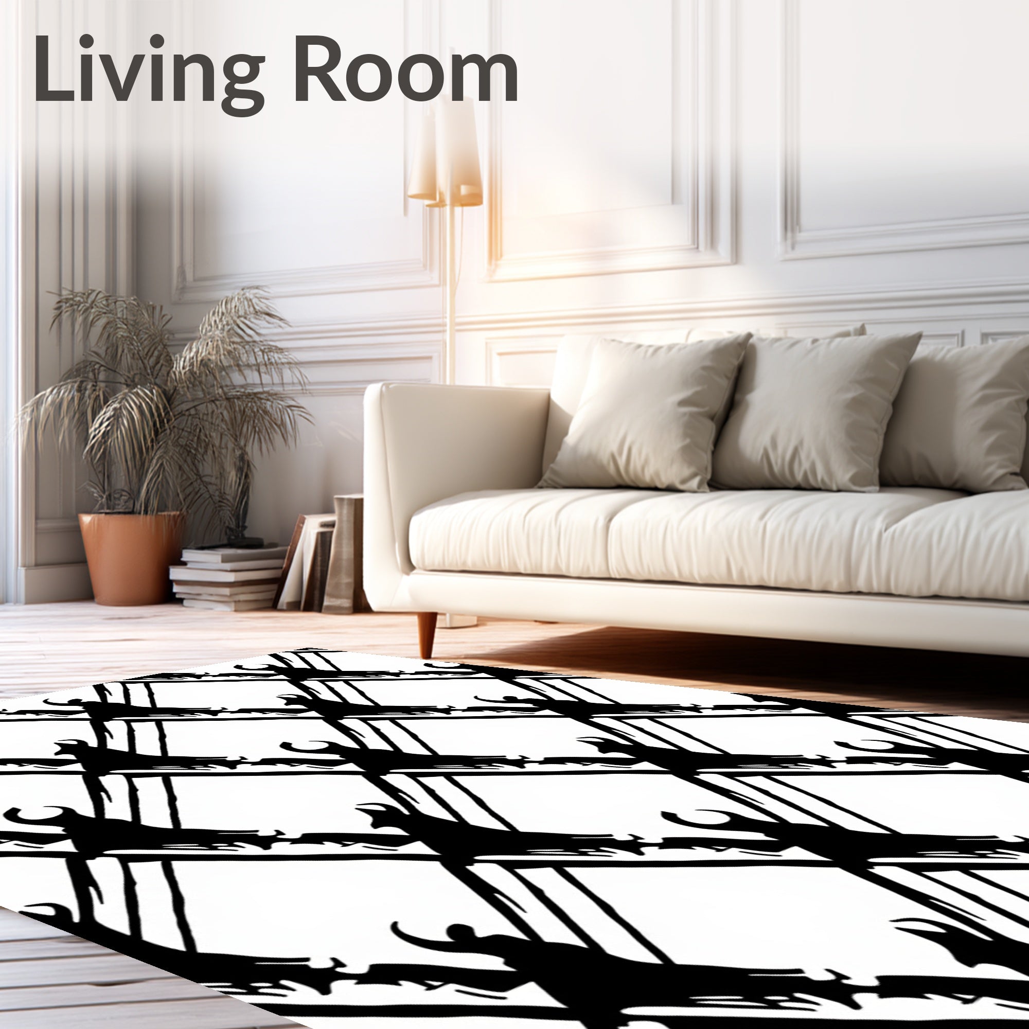 Abstract Black White Diamond Brushstrokes Rug