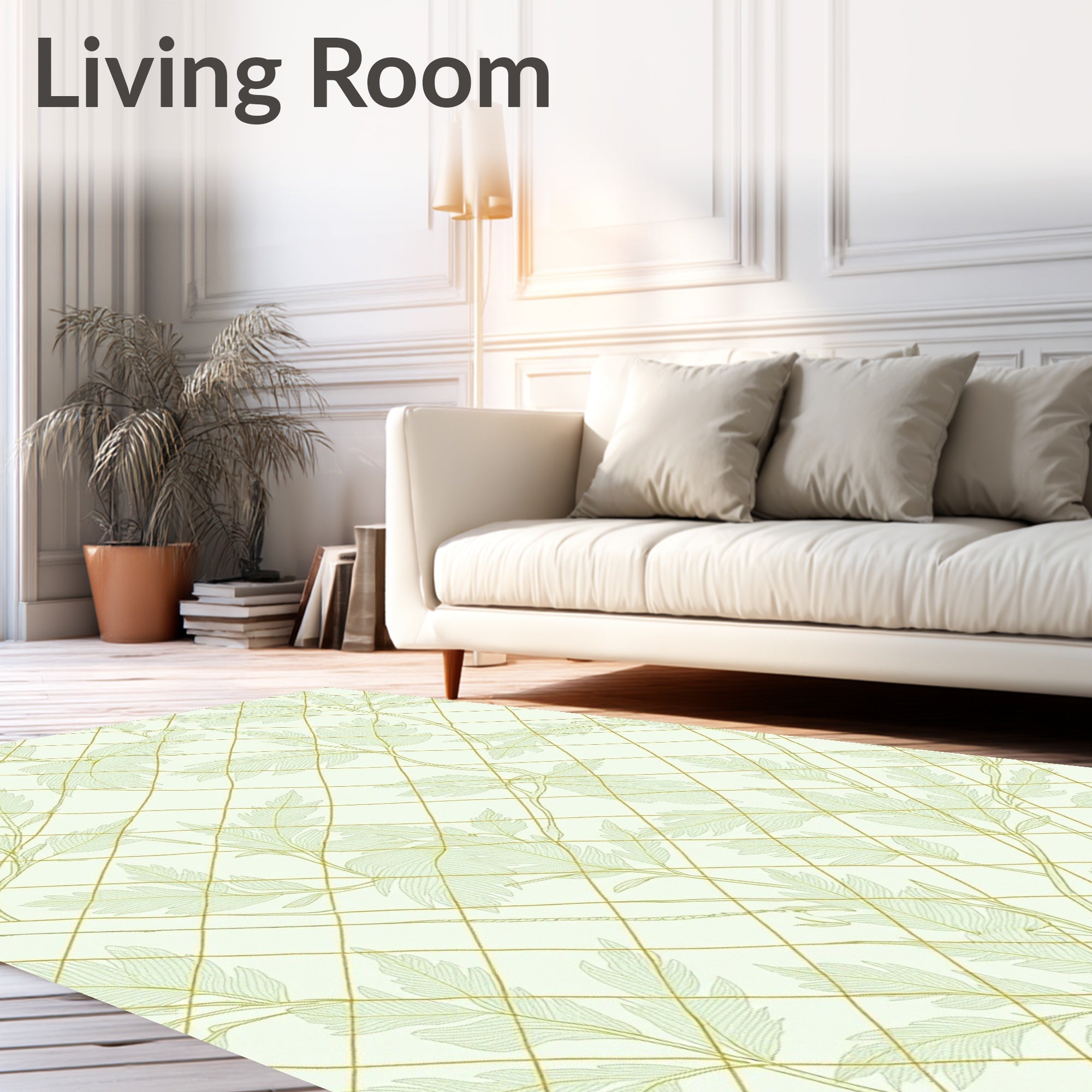 Delicate Leaf Pattern With Golden Grid Rug