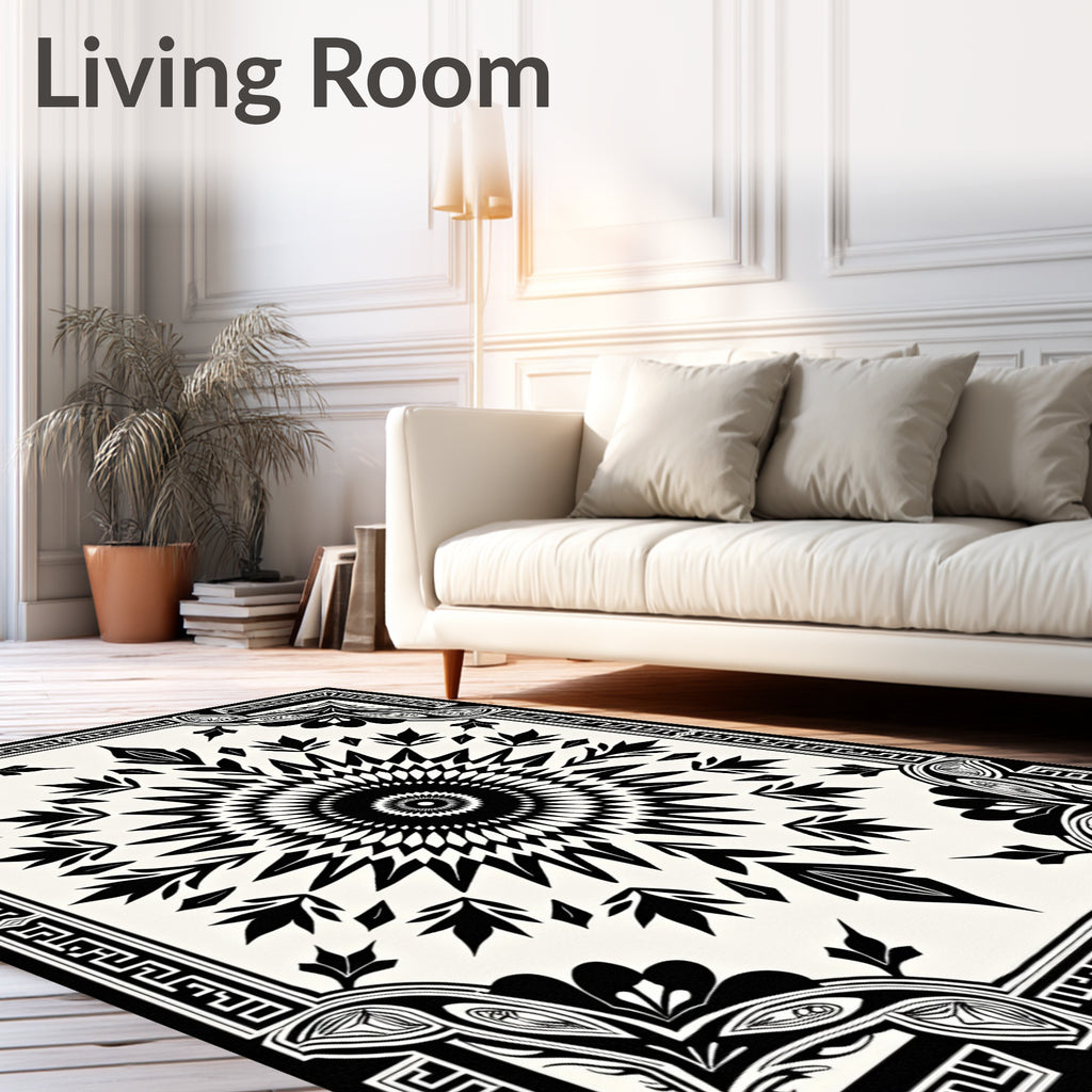 Black White Sunburst Geometric Pattern Rug