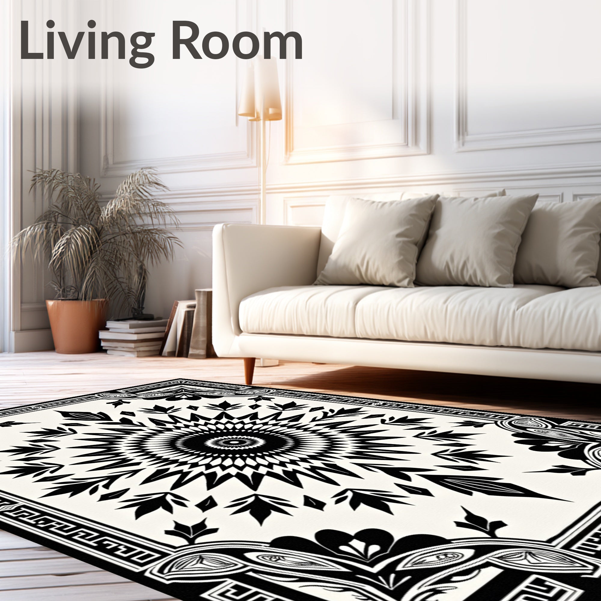 Black White Sunburst Geometric Pattern Rug