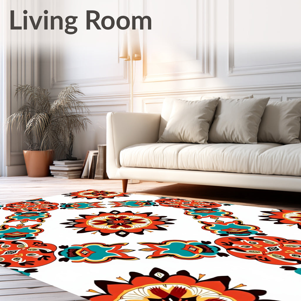 Vibrant Coral Teal Floral Medallion Pattern Rug