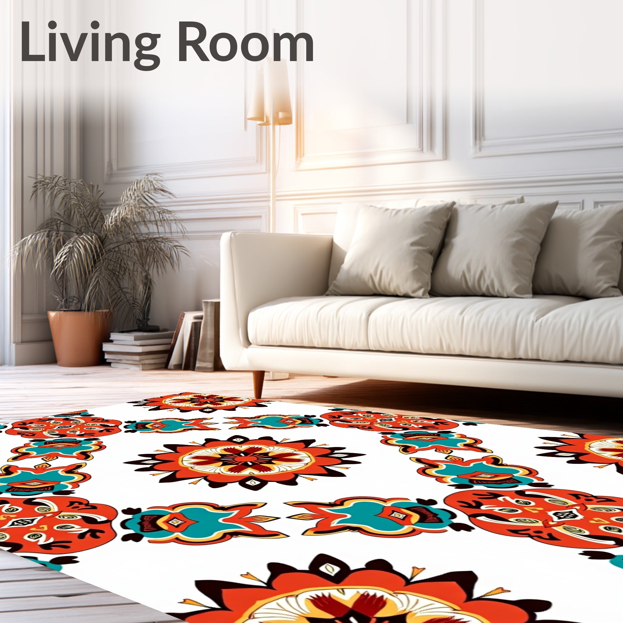 Vibrant Coral Teal Floral Medallion Pattern Rug