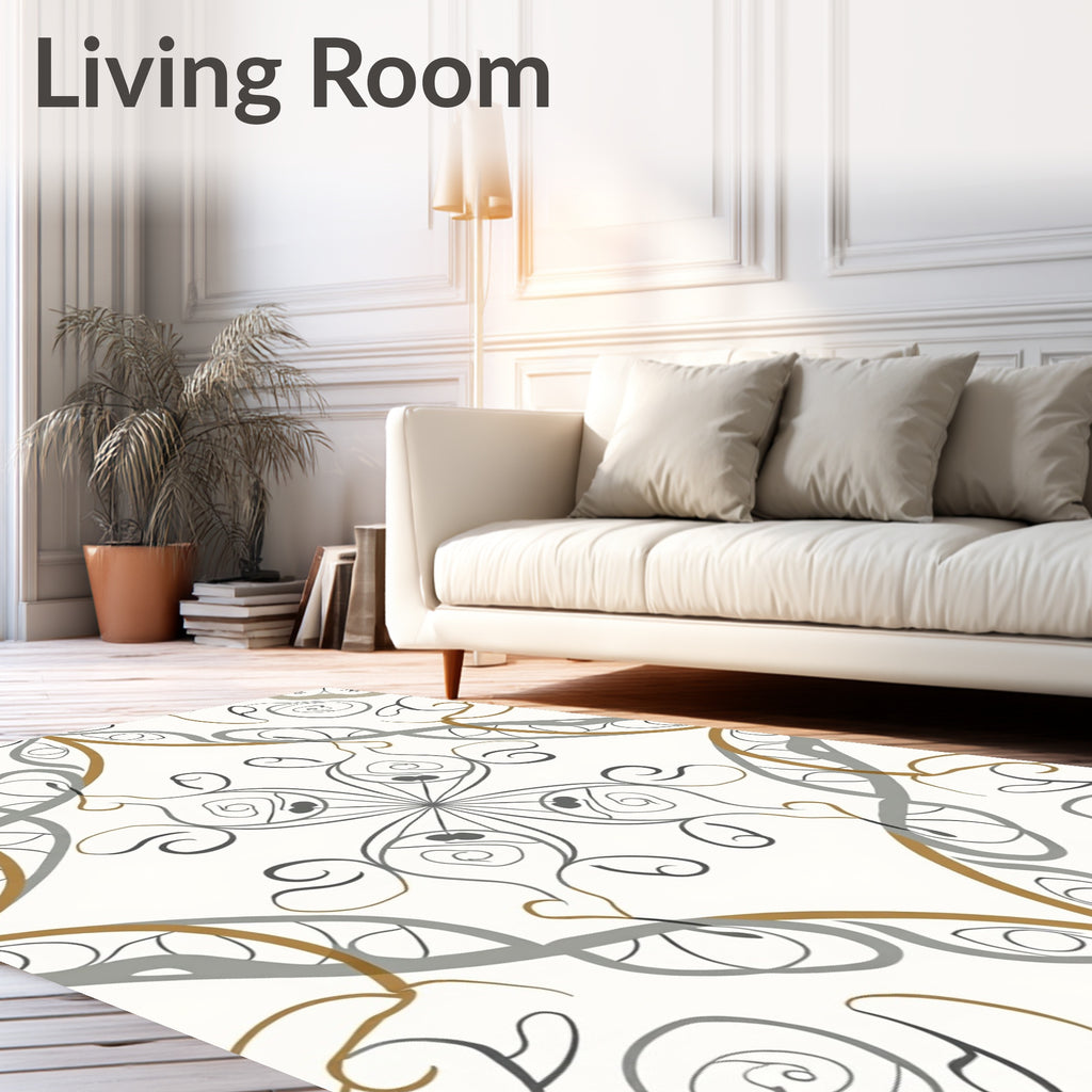 Subtle Gray Gold Swirl Motif Rug