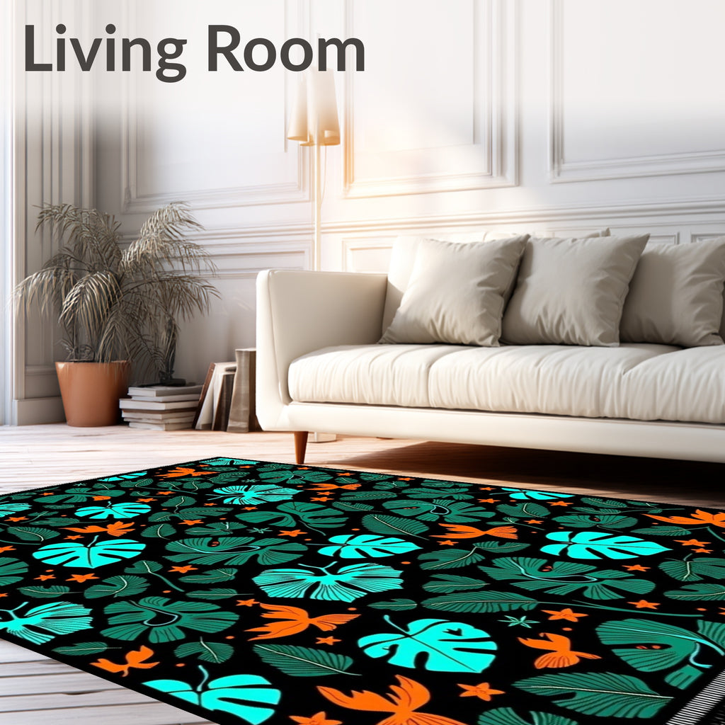 Vibrant Tropical Leaves Orange Birds Rug
