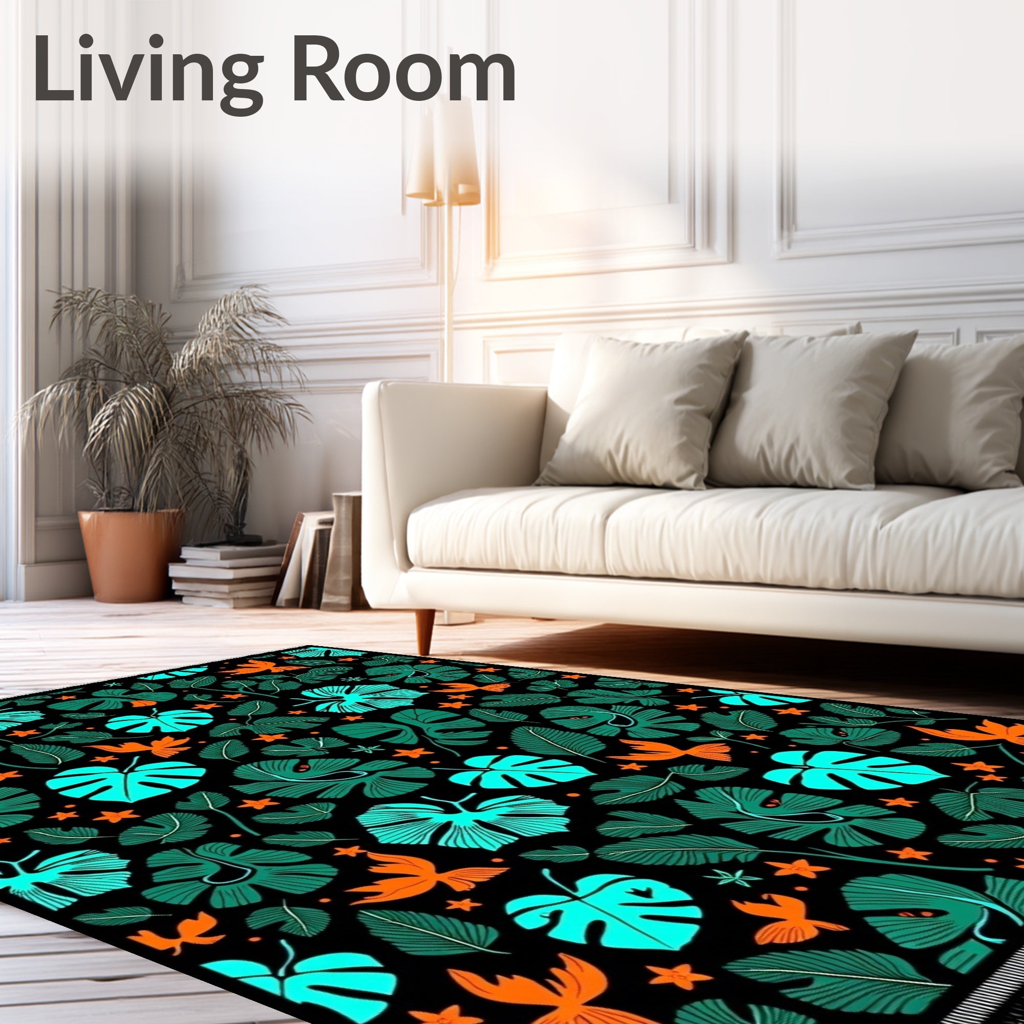 Vibrant Tropical Leaves Orange Birds Rug
