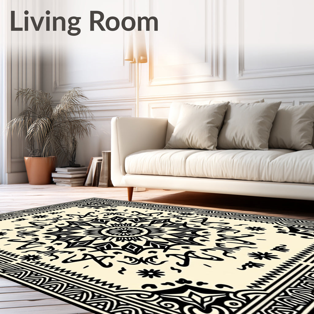 Intricate Black Mandala Damask Pattern Rug