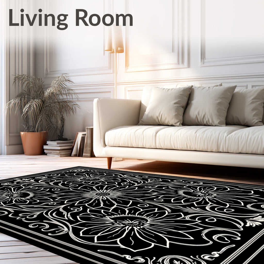 Black Ivory Floral Scroll Rug