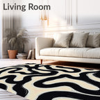 Black Cream Wavy Abstract Brushstroke Rug