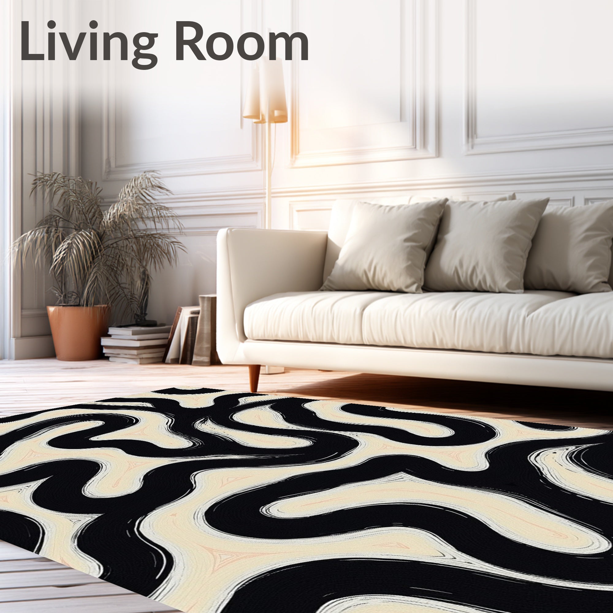 Black Cream Wavy Abstract Brushstroke Rug