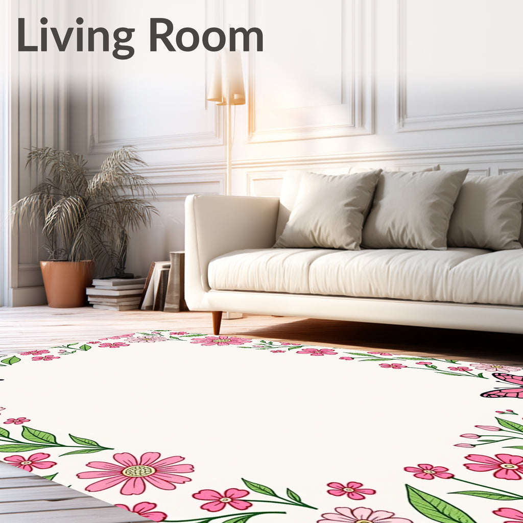 Pink Butterflies and Daisies Pattern Rug