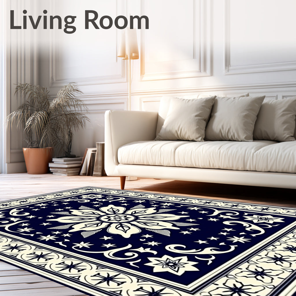 Navy Cream Floral Starburst Pattern Rug
