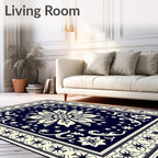 Navy Cream Floral Starburst Pattern Rug