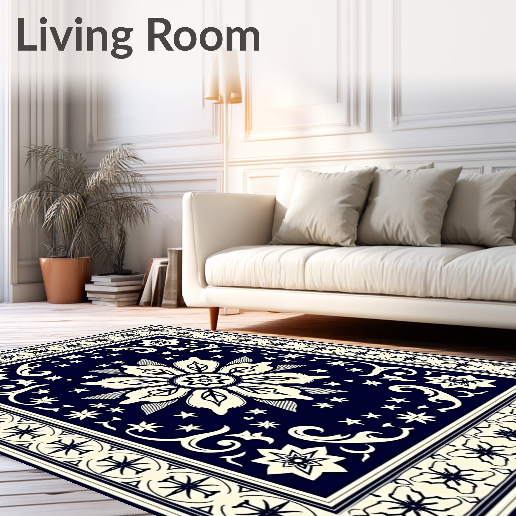 Navy Cream Floral Starburst Pattern Rug