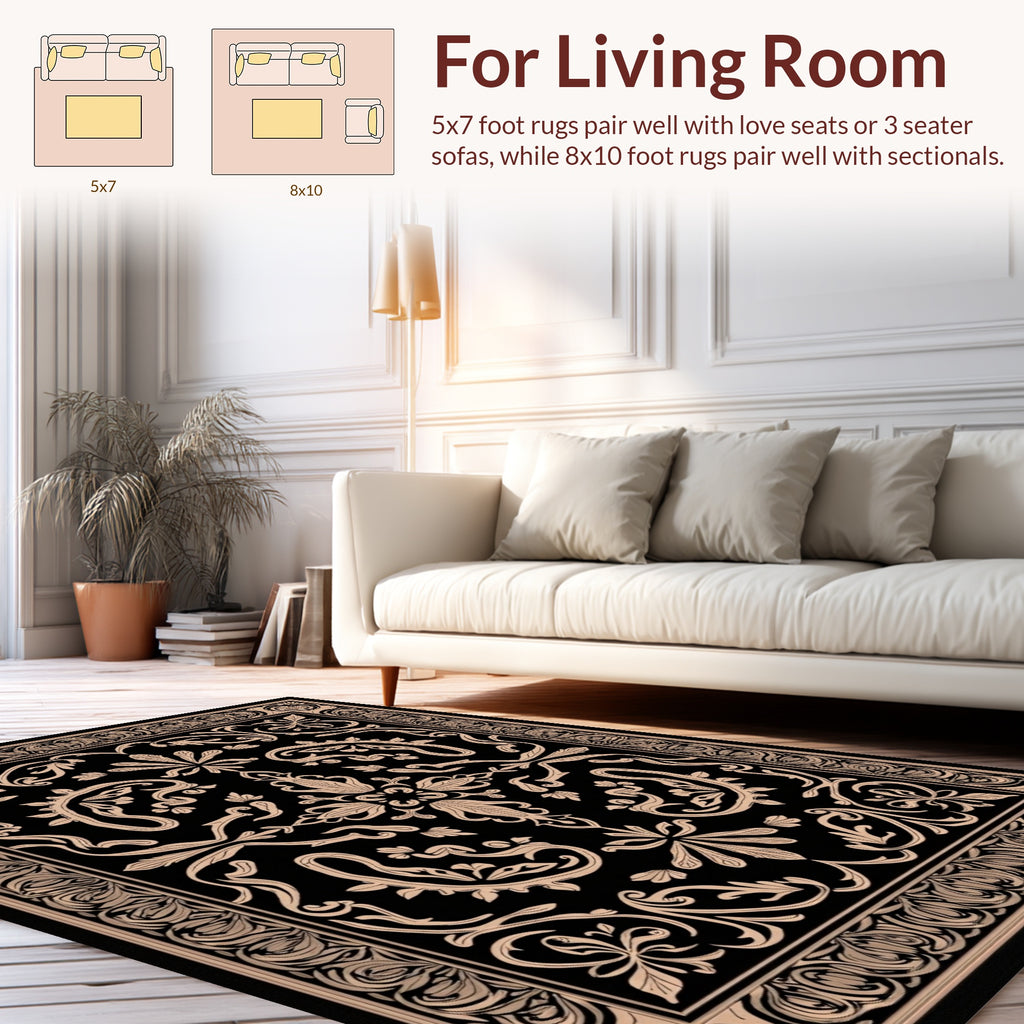 Ornate Vintage Floral Black Tan Rug