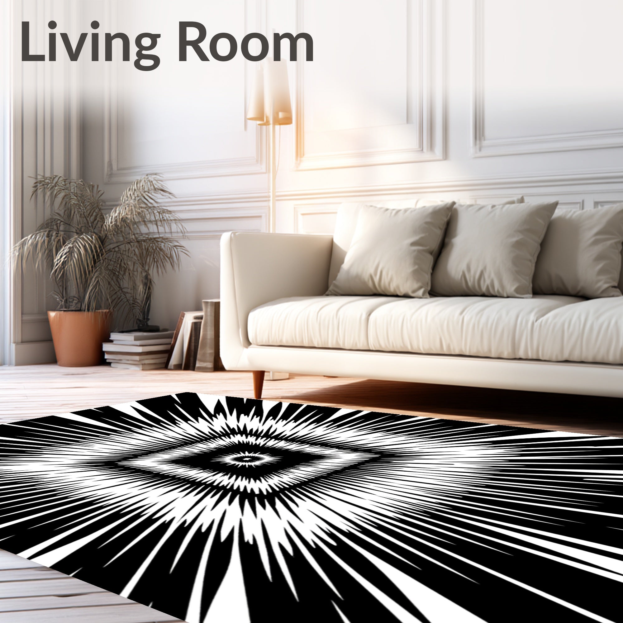 Black White Radial Square Pattern Rug