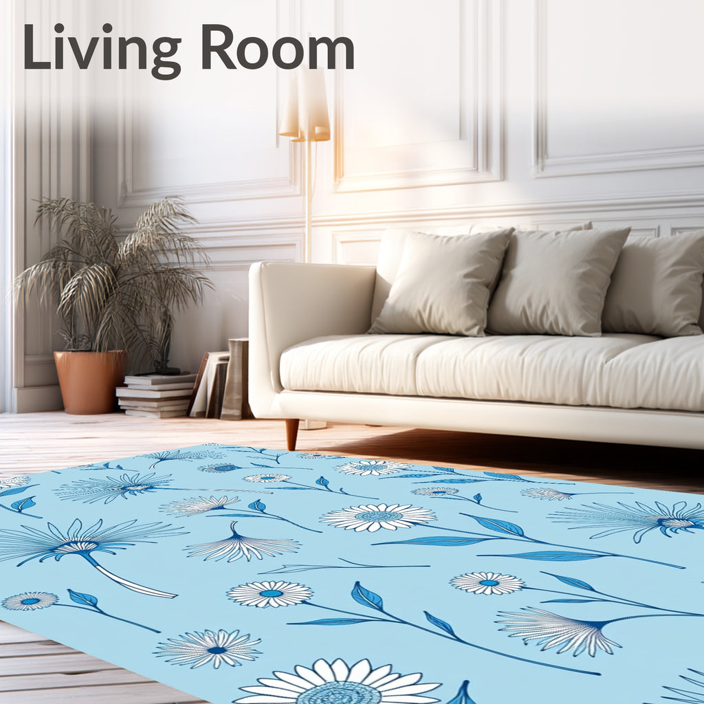 Blue White Floral Daisy Pattern Rug