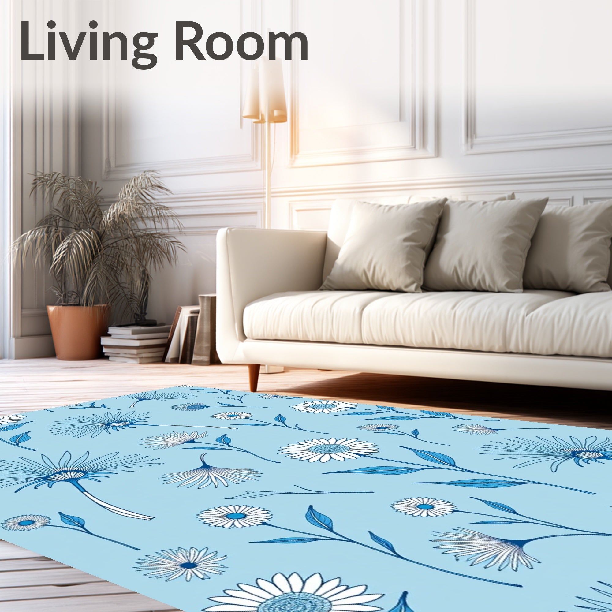 Blue White Floral Daisy Pattern Rug