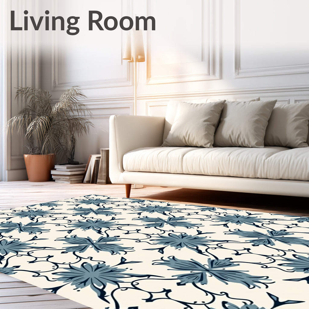 Vintage Blue Floral Scroll Pattern Rug