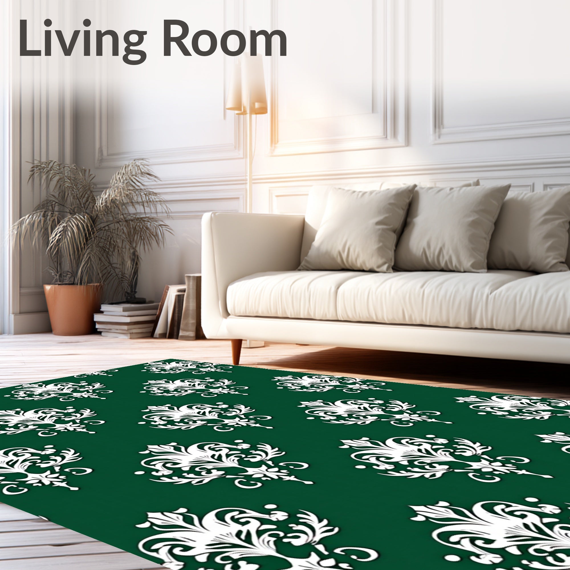 Ornate White Damask Emerald Repeating Rug