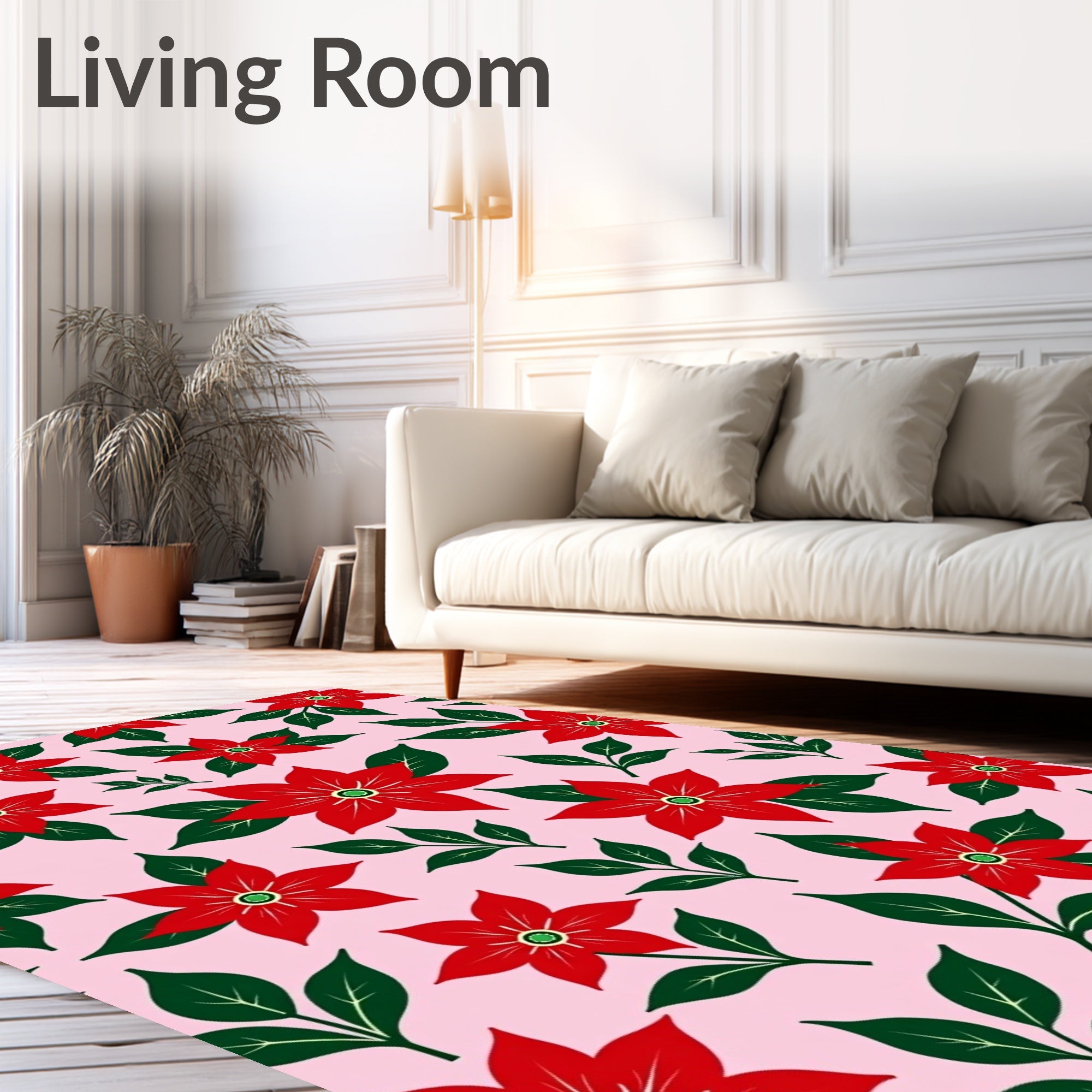 Red Poinsettia Floral Pink Background Rug
