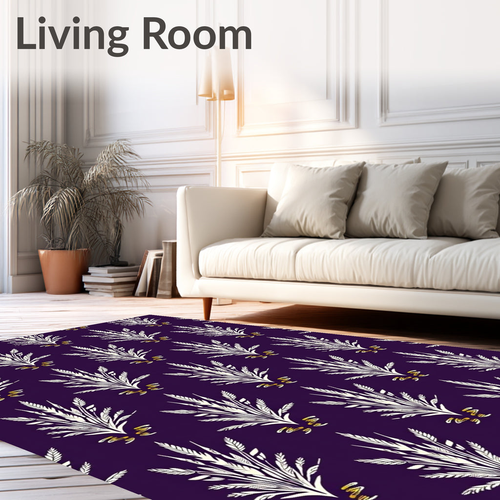 Ornate White Feather Gold Swirl Pattern Rug