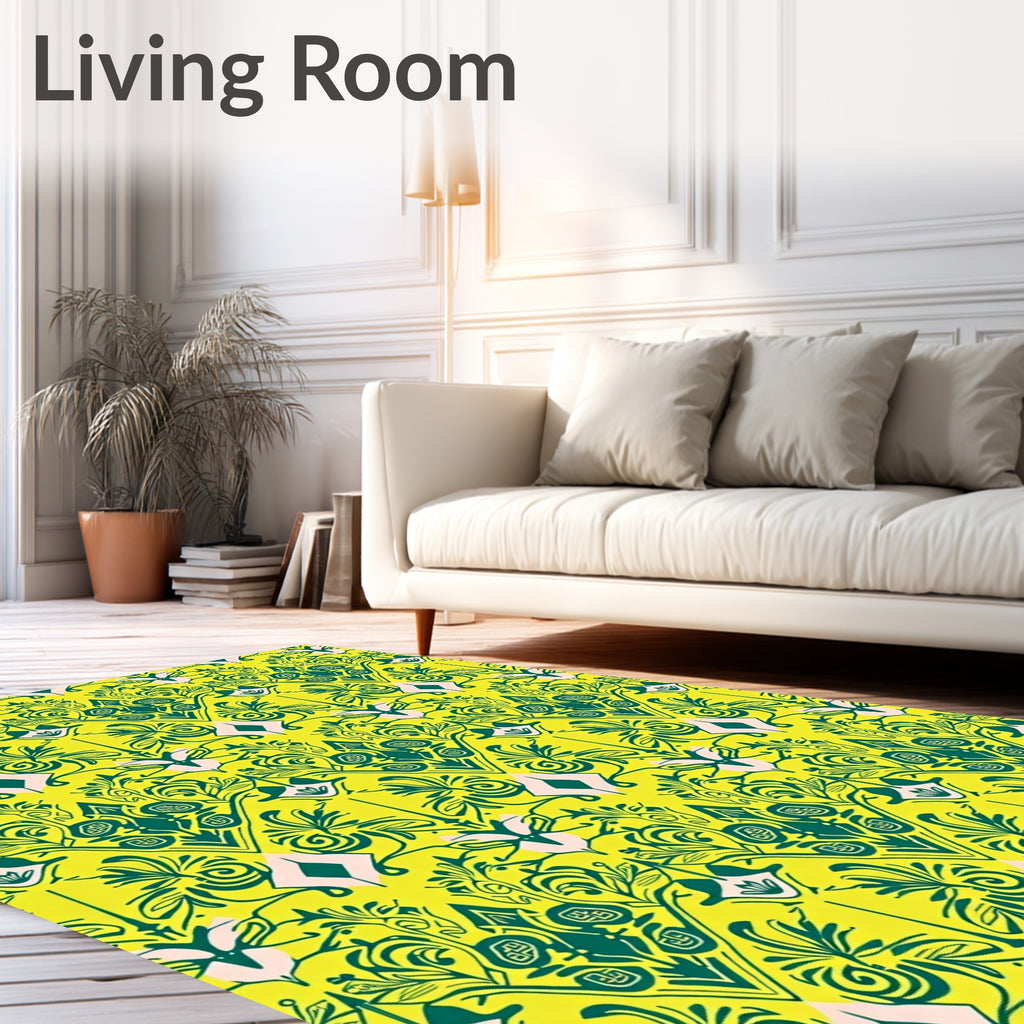 Vibrant Emerald Floral Scroll Pattern Rug