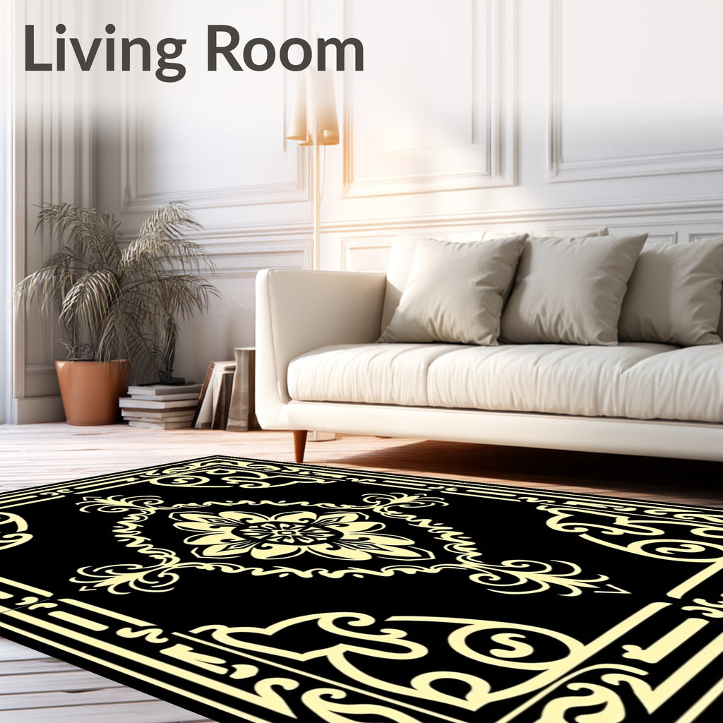 Classic Black Yellow Floral Pattern Rug