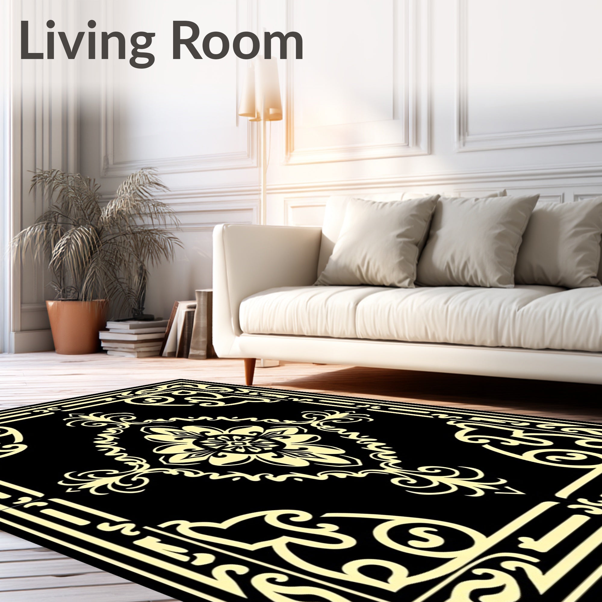 Classic Black Yellow Floral Pattern Rug