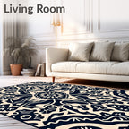 Dark Navy Cream Intricate Floral Pattern Rug