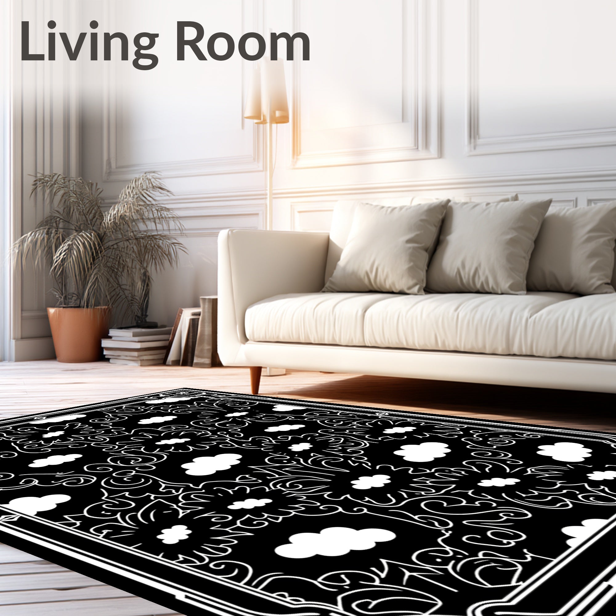 Black White Floral Cloud Pattern Rug