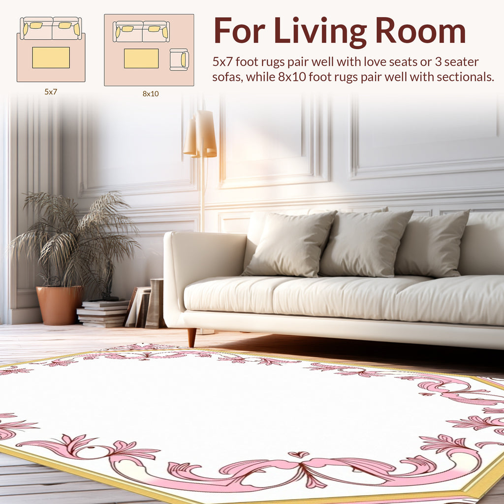 Ornate Pink Gold Floral Design Rug
