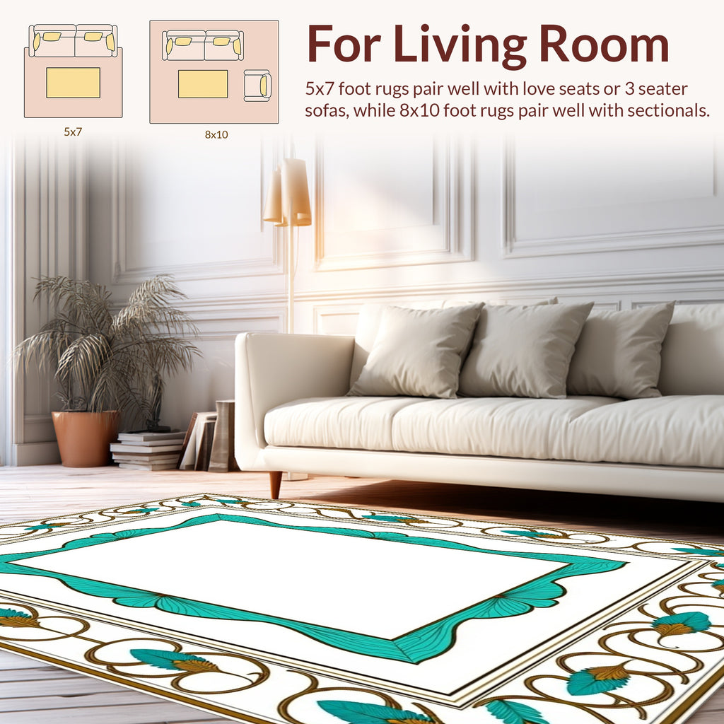 Ornate Teal and Gold Feather Border Rug