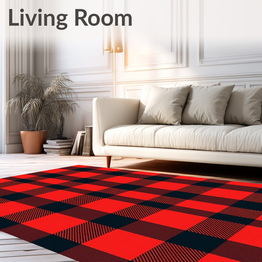 Classic Red Black Plaid Design Rug