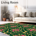 Ornate Floral Patterned Green and Gold Rug