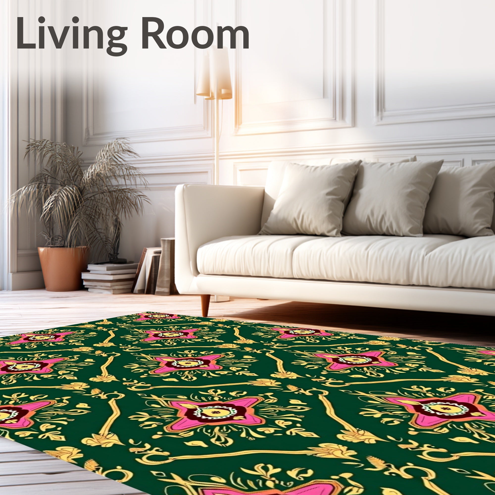 Ornate Floral Patterned Green and Gold Rug