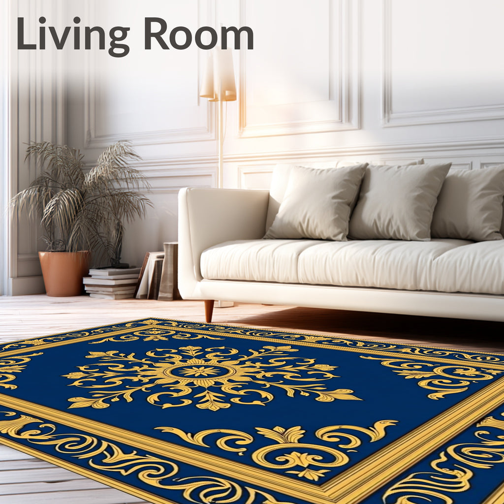 Ornate Floral Scrollwork Blue Gold Rug