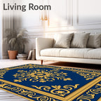 Ornate Floral Scrollwork Blue Gold Rug