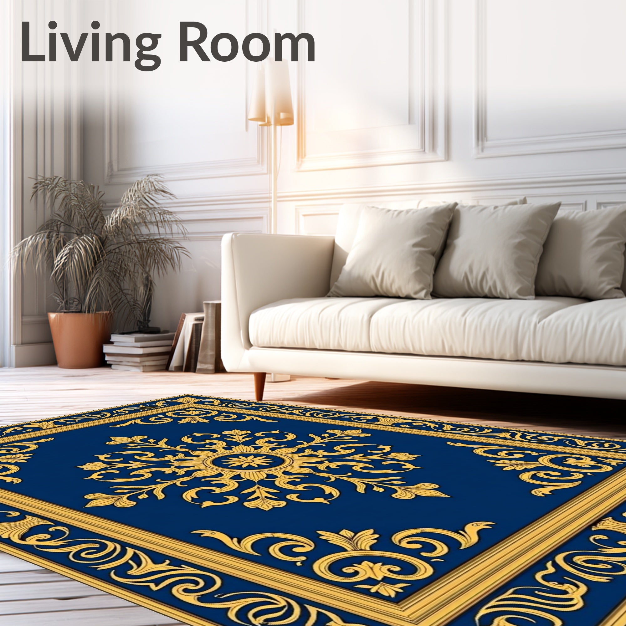 Ornate Floral Scrollwork Blue Gold Rug