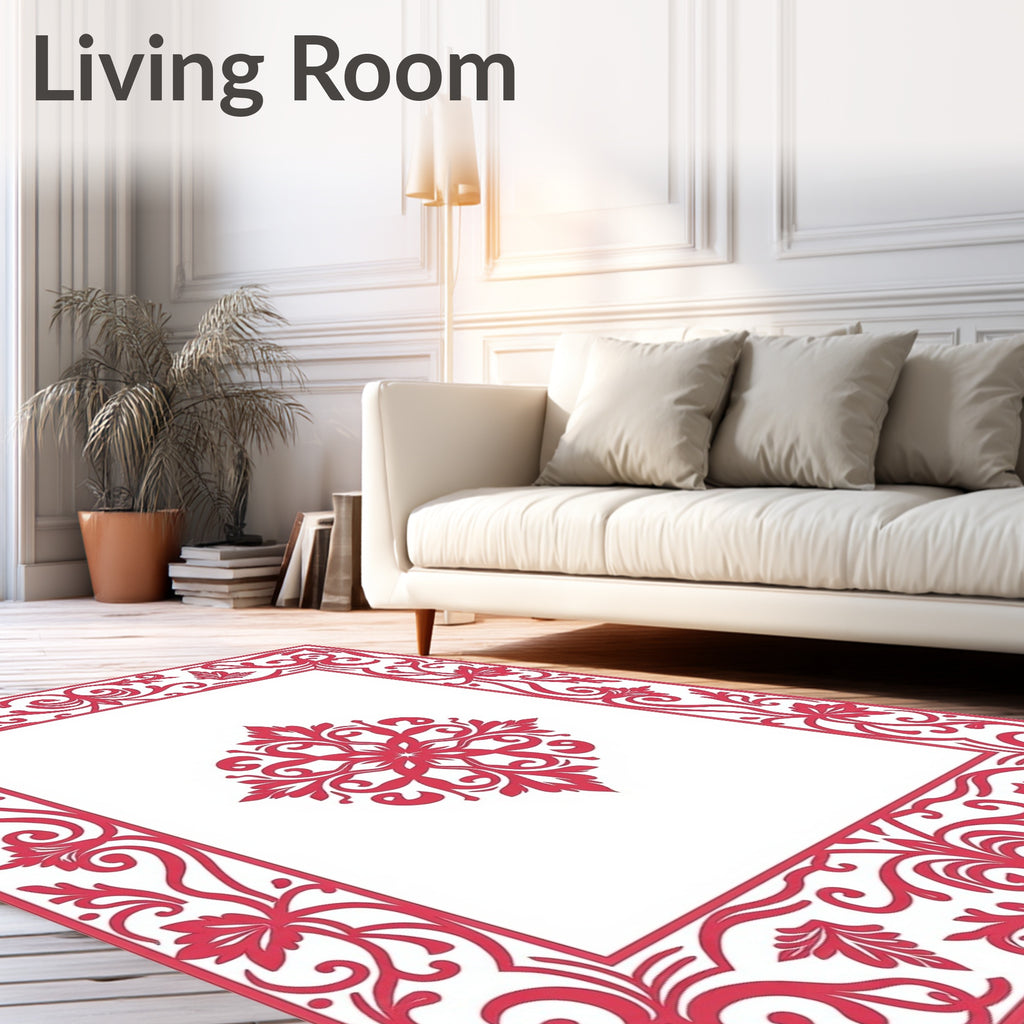 Red Floral Scrollwork Frame Design Rug