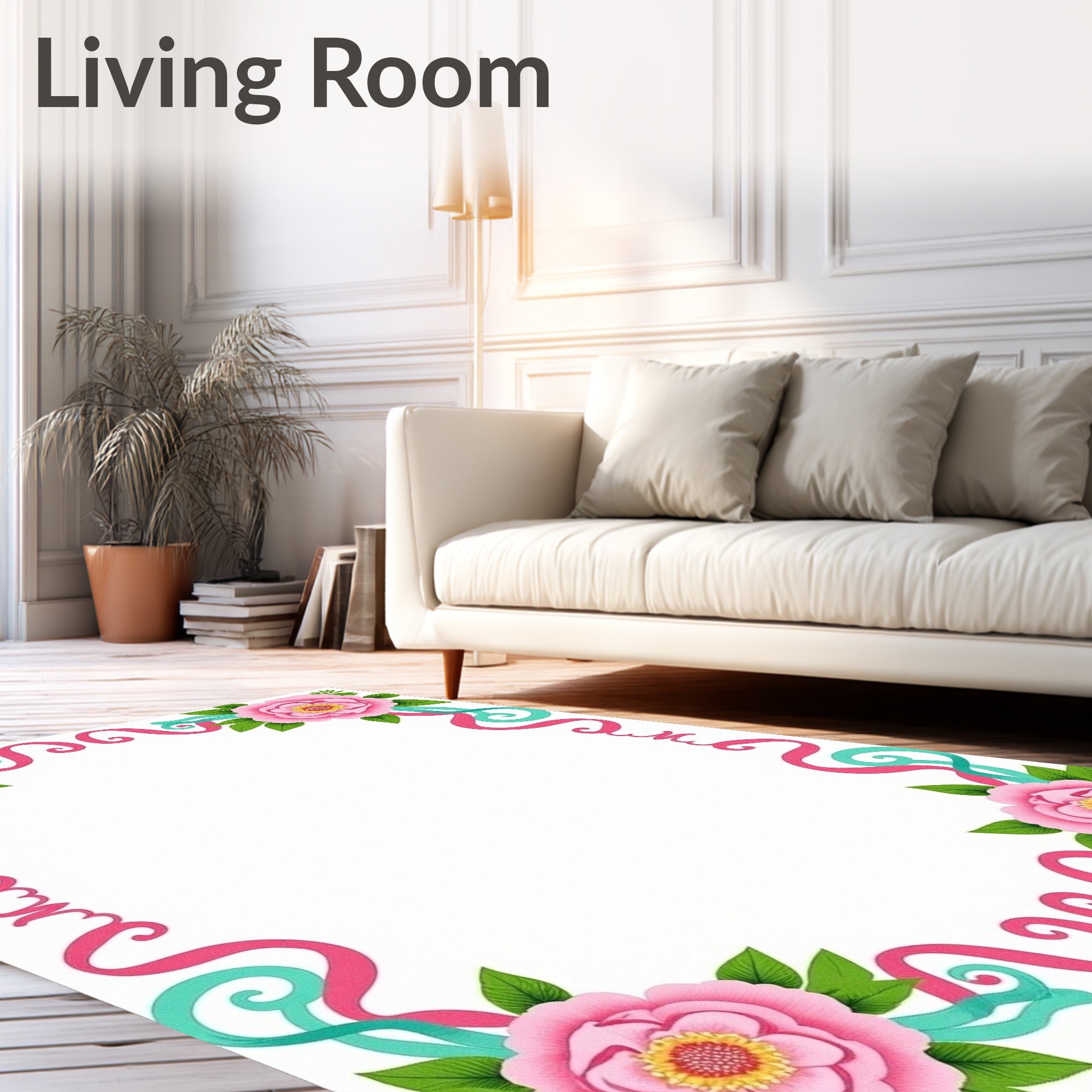 Pink Rose floral ribbon Border Design Rug