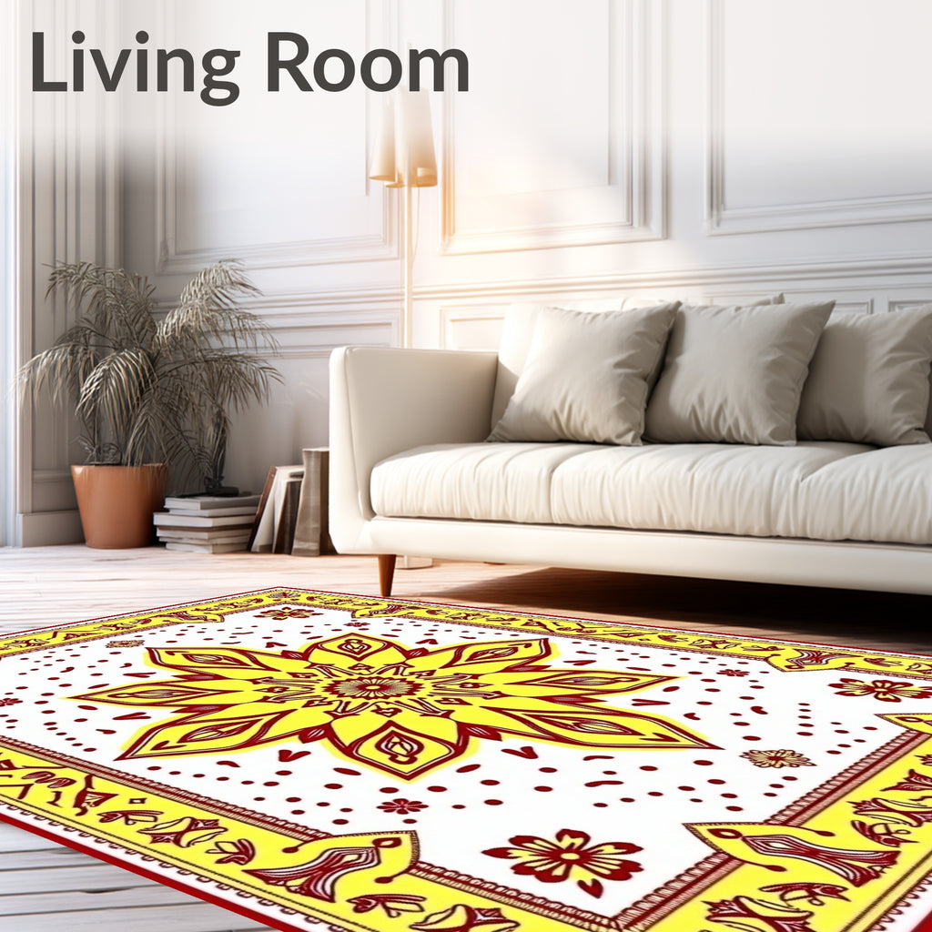 Bright Yellow Red Floral Mandala Design Rug