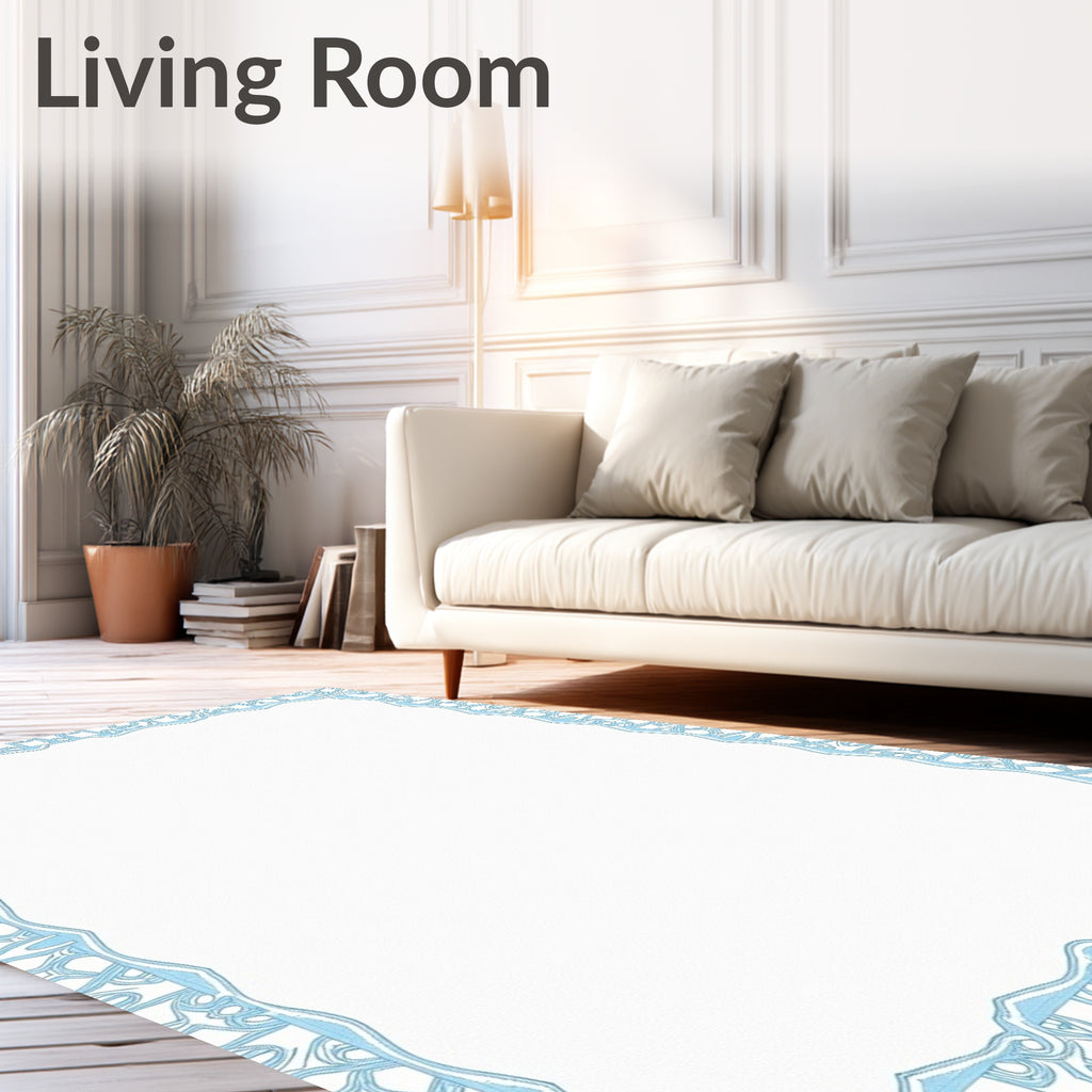 Light Blue Ornate Scroll Border Rug