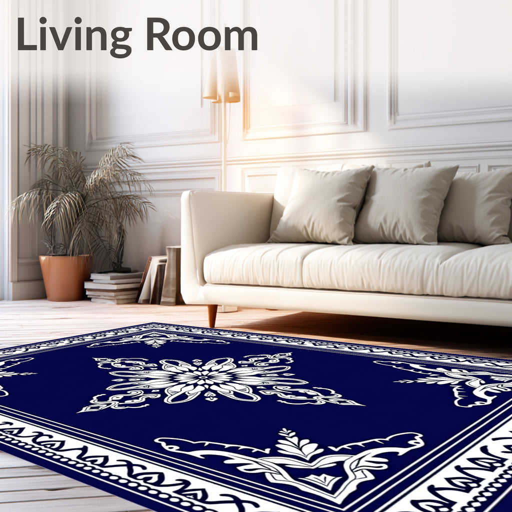 Classic Blue White Floral Medallion Border Rug