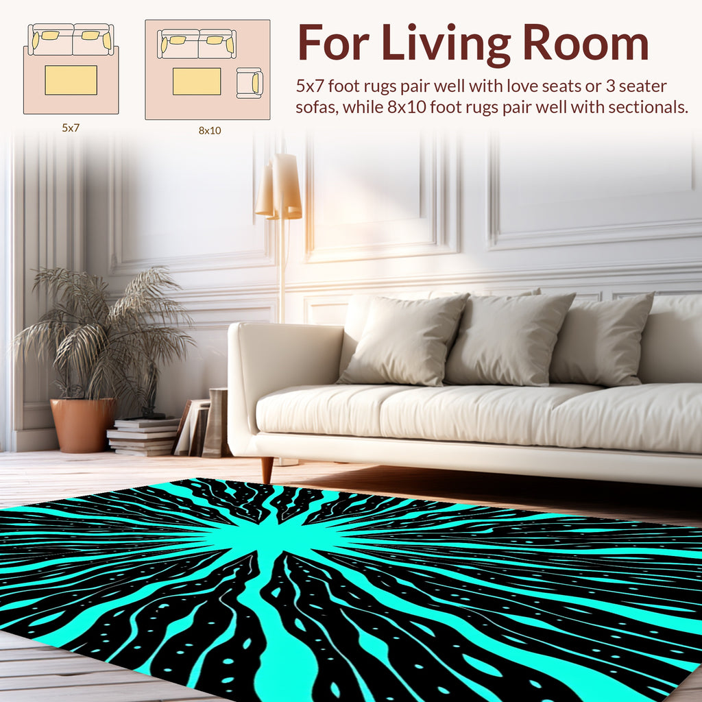Vibrant Black And Aqua Radiating Design Rug